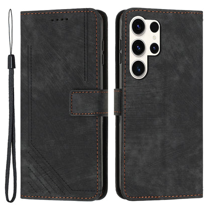 For Samsung Galaxy S23 Ultra Protective Wallet Case Skin-Touch Lines Imprinted PU Leather Phone Cover