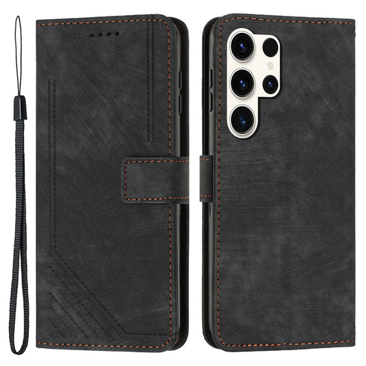 For Samsung Galaxy S23 Ultra Protective Wallet Case Skin-Touch Lines Imprinted PU Leather Phone Cover