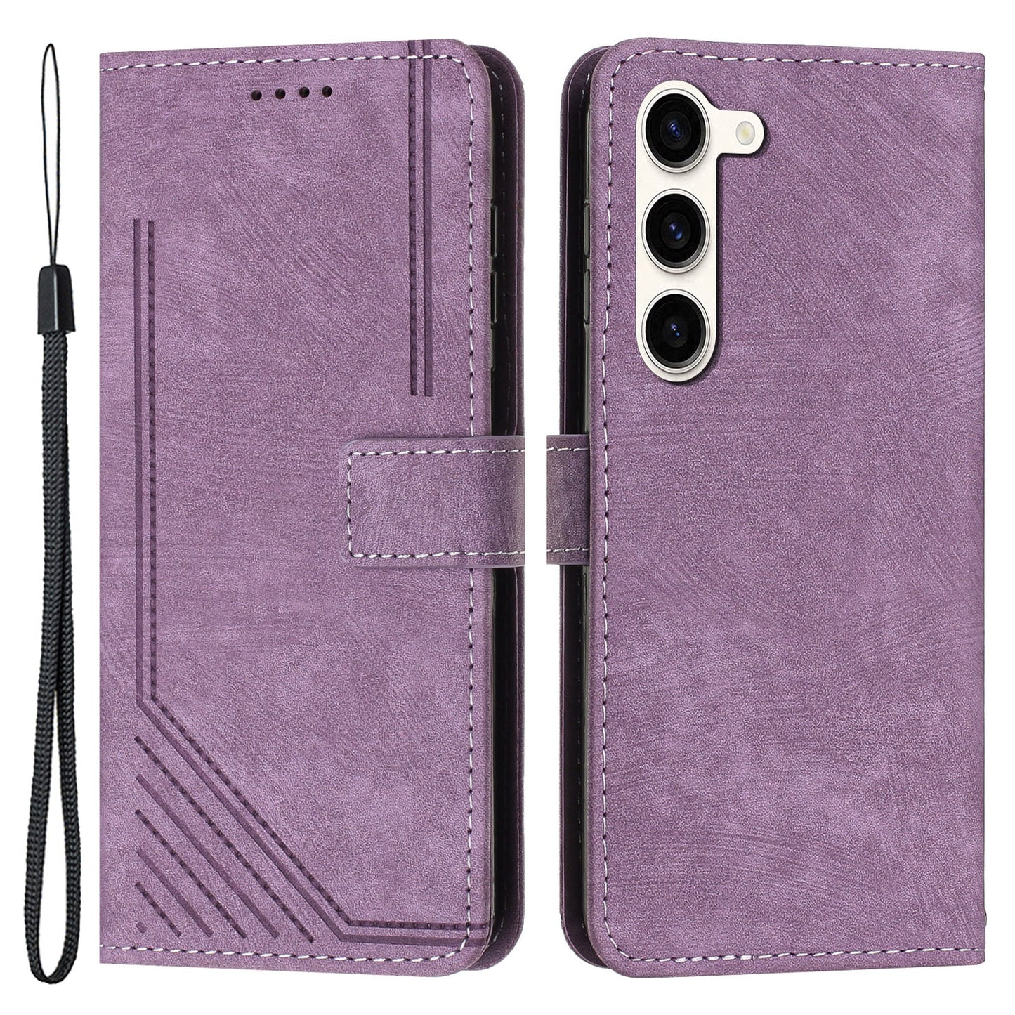 Skin-Touch PU Leather Flip Cover for Samsung Galaxy S23+ Lines Imprinted Stand Phone Case with Wallet