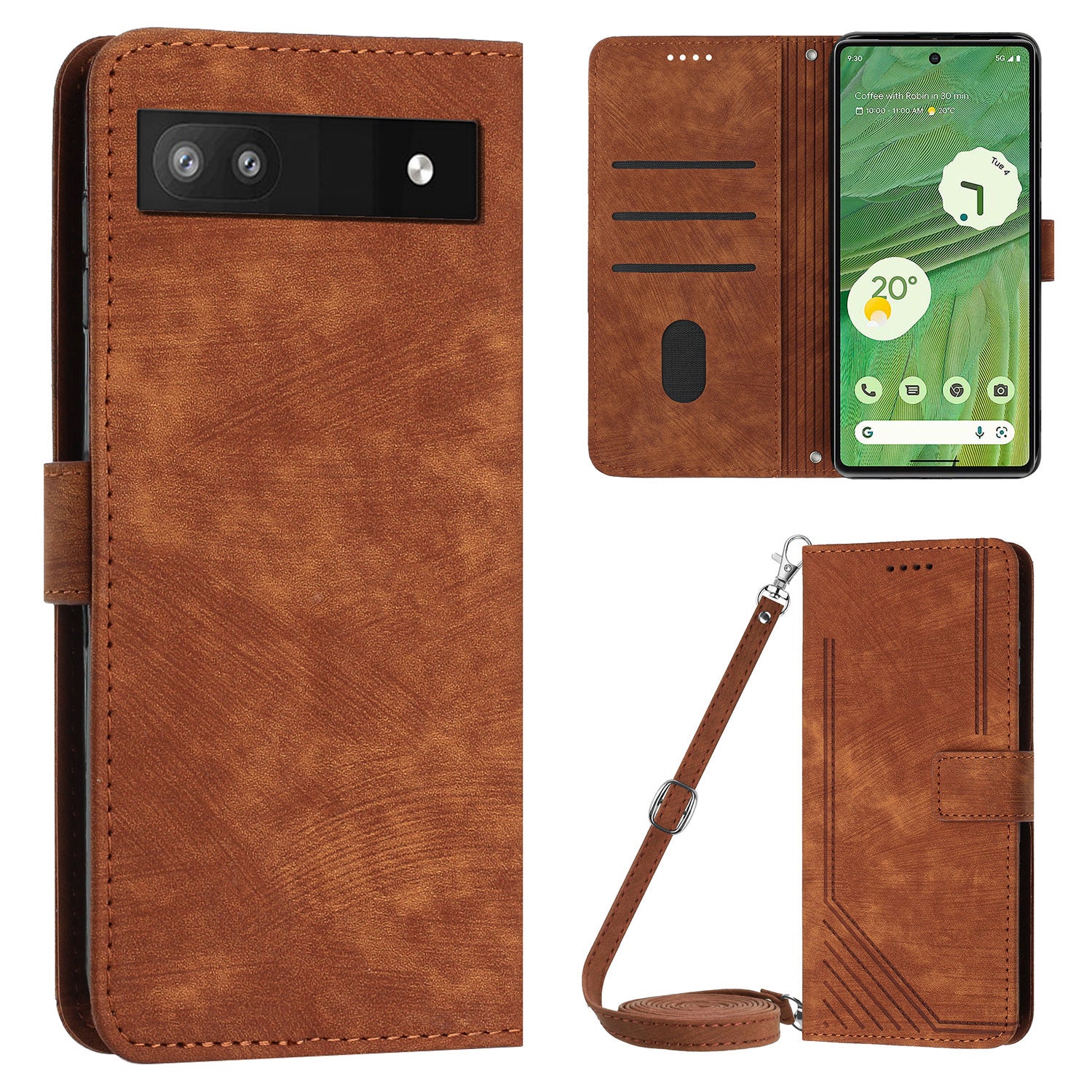 For Google Pixel 7a PU Leather Skin-touch Protective Cover Lines Imprint Wallet Stand Phone Case with 2 Straps