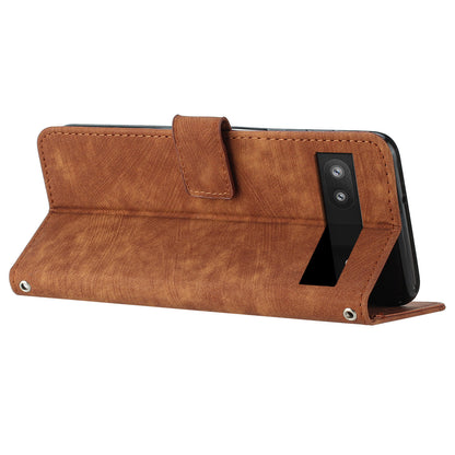For Google Pixel 7a PU Leather Skin-touch Protective Cover Lines Imprint Wallet Stand Phone Case with 2 Straps