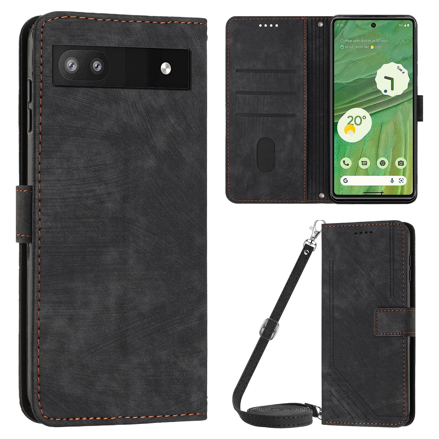 For Google Pixel 7a PU Leather Skin-touch Protective Cover Lines Imprint Wallet Stand Phone Case with 2 Straps