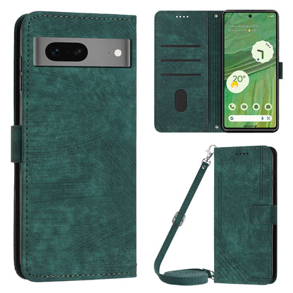 For Google Pixel 7 5G PU Leather Phone Case Lines Imprinted Stand Wallet Cover with 2 Straps