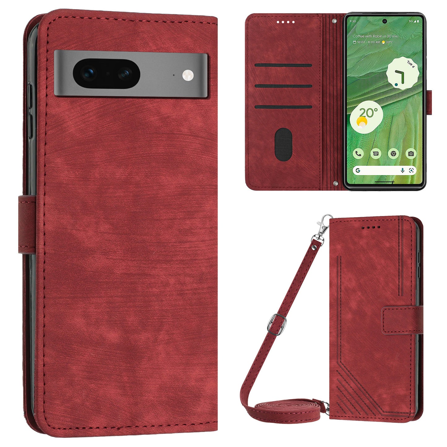 For Google Pixel 7 5G PU Leather Phone Case Lines Imprinted Stand Wallet Cover with 2 Straps