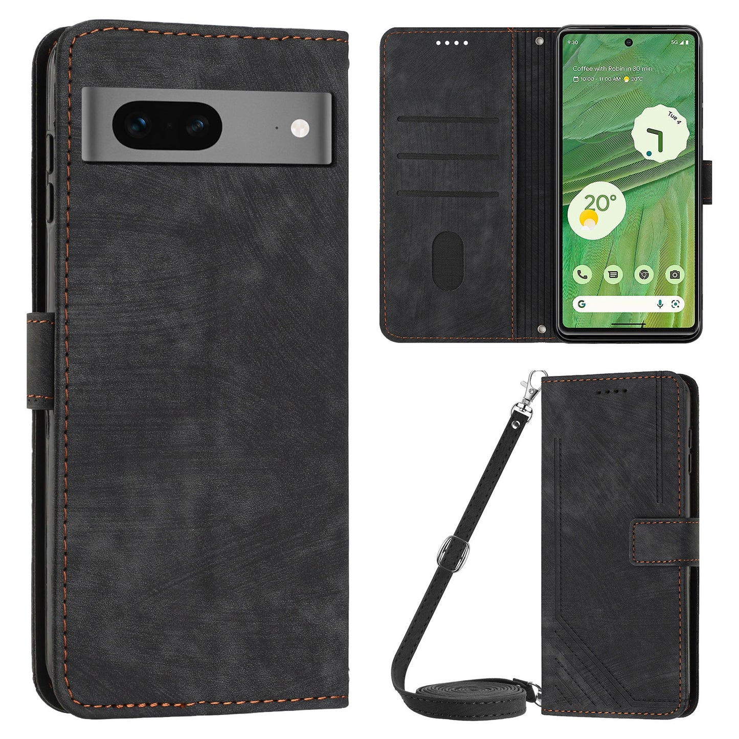For Google Pixel 7 5G PU Leather Phone Case Lines Imprinted Stand Wallet Cover with 2 Straps
