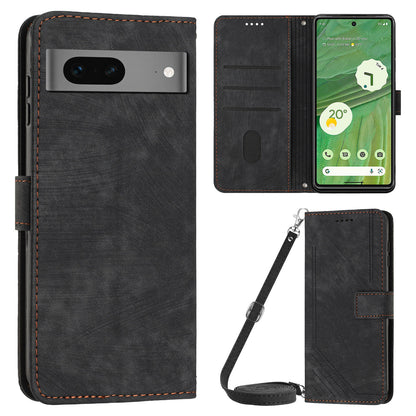 For Google Pixel 7 5G PU Leather Phone Case Lines Imprinted Stand Wallet Cover with 2 Straps