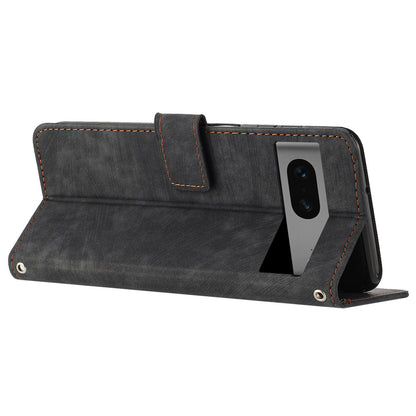 For Google Pixel 7 5G PU Leather Phone Case Lines Imprinted Stand Wallet Cover with 2 Straps