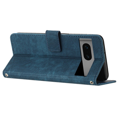 For Google Pixel 7 5G PU Leather Phone Case Lines Imprinted Stand Wallet Cover with 2 Straps