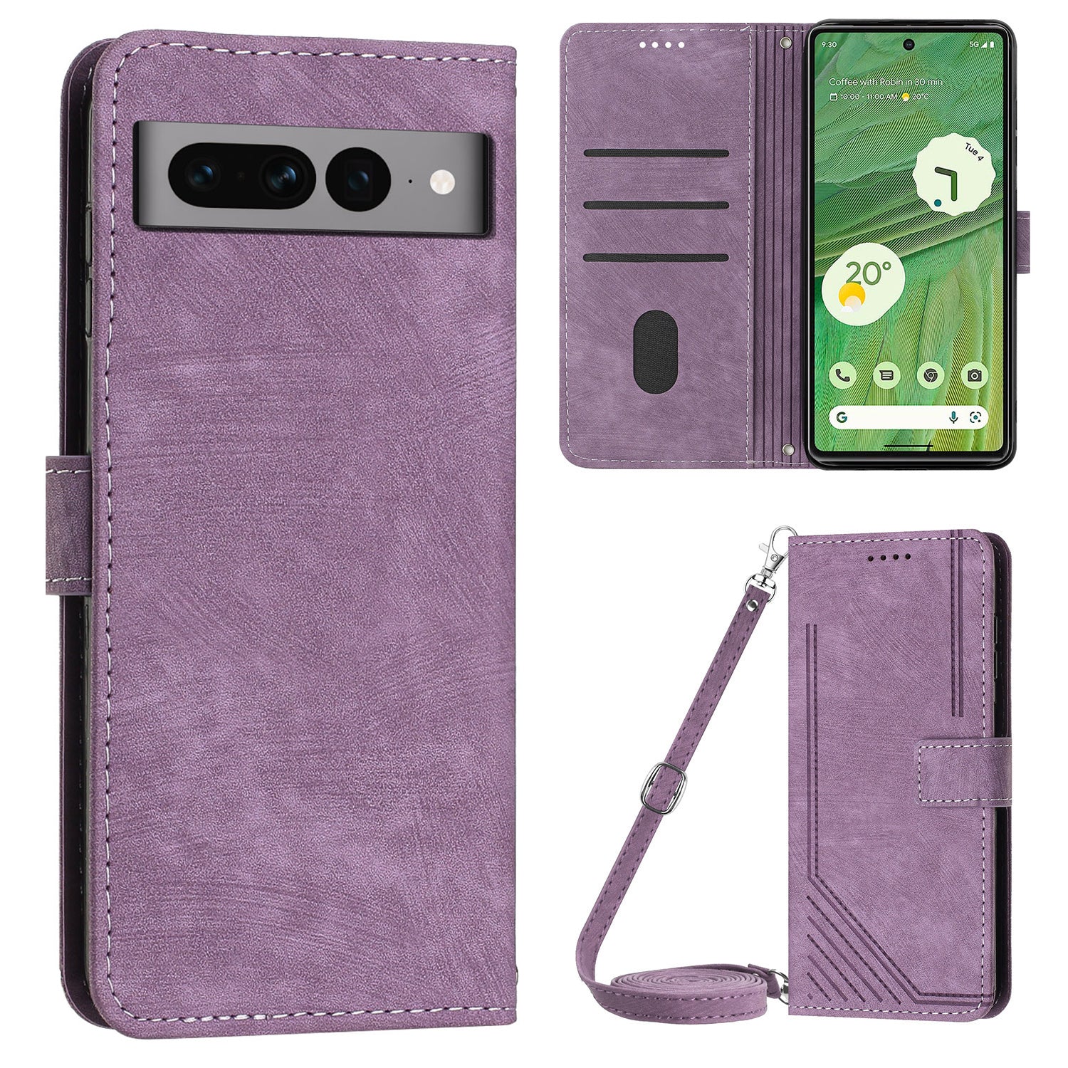 For Google Pixel 7 Pro 5G PU Leather Drop-proof Case Lines Imprint Flip Stand Wallet Phone Cover with 2 Straps