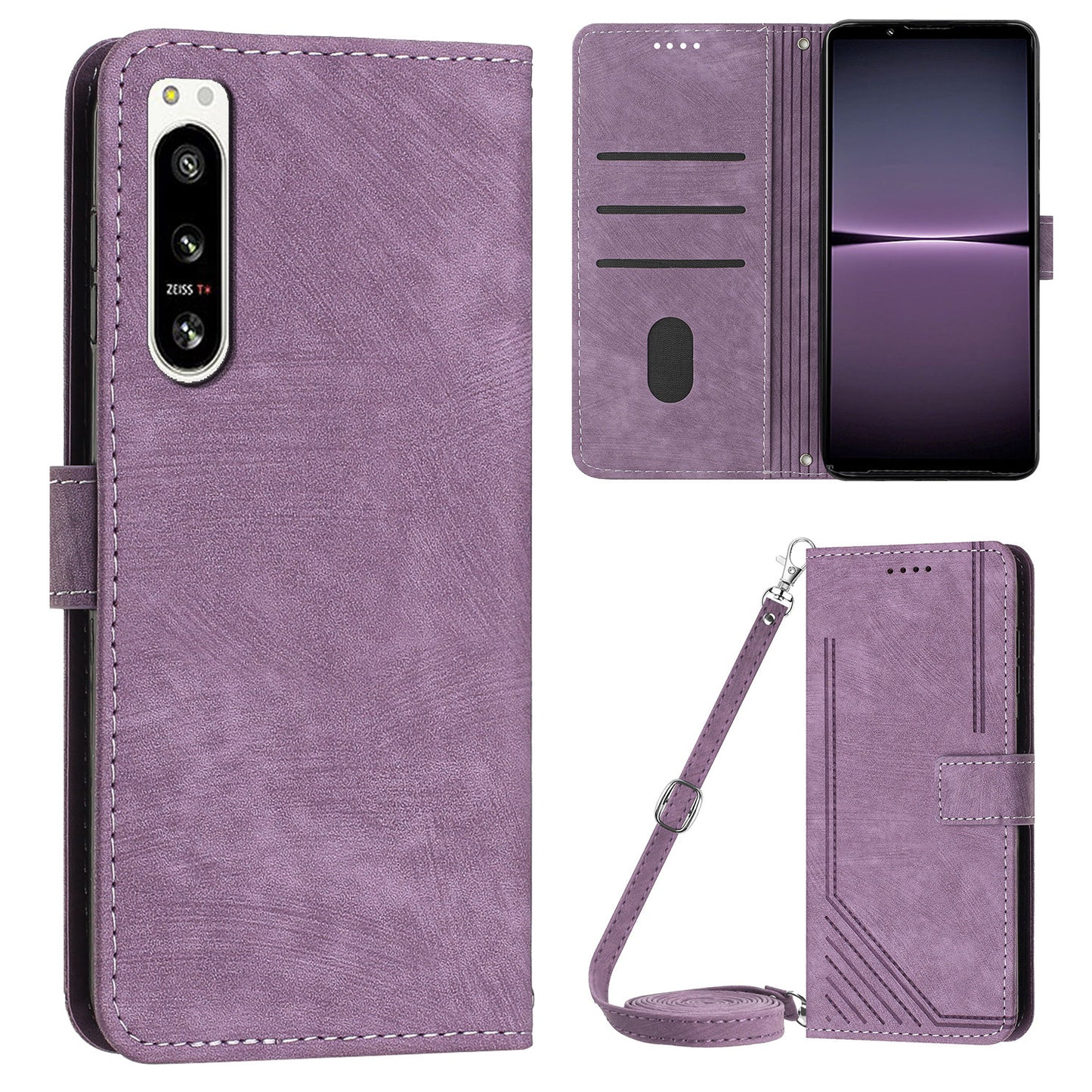 For Sony Xperia 5 IV 5G Lines Imprint Phone Case PU Leather Wallet Stand Anti-drop Cover with Shoulder+Wrist Strap