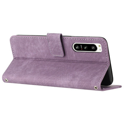 For Sony Xperia 5 IV 5G Lines Imprint Phone Case PU Leather Wallet Stand Anti-drop Cover with Shoulder+Wrist Strap