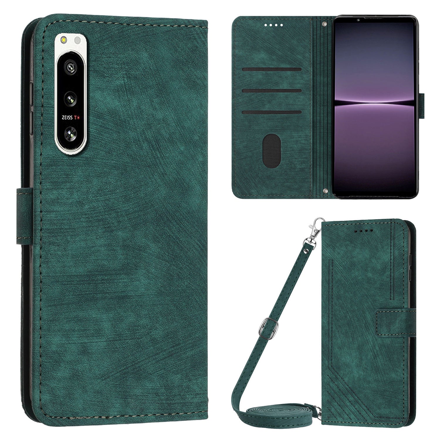 For Sony Xperia 5 IV 5G Lines Imprint Phone Case PU Leather Wallet Stand Anti-drop Cover with Shoulder+Wrist Strap