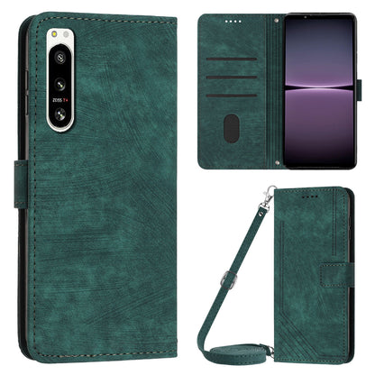 For Sony Xperia 5 IV 5G Lines Imprint Phone Case PU Leather Wallet Stand Anti-drop Cover with Shoulder+Wrist Strap