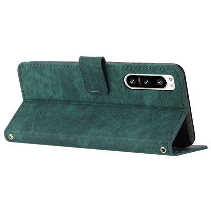 For Sony Xperia 5 IV 5G Lines Imprint Phone Case PU Leather Wallet Stand Anti-drop Cover with Shoulder+Wrist Strap
