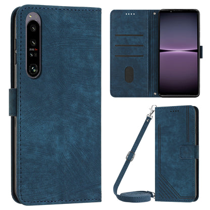 For Sony Xperia 1 IV 5G PU Leather Wallet Case Lines Imprinted Stand Shockproof Cover with 2 Straps