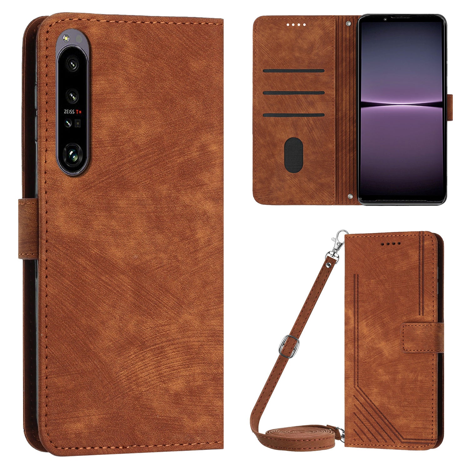 For Sony Xperia 1 IV 5G PU Leather Wallet Case Lines Imprinted Stand Shockproof Cover with 2 Straps