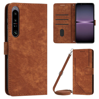 For Sony Xperia 1 IV 5G PU Leather Wallet Case Lines Imprinted Stand Shockproof Cover with 2 Straps