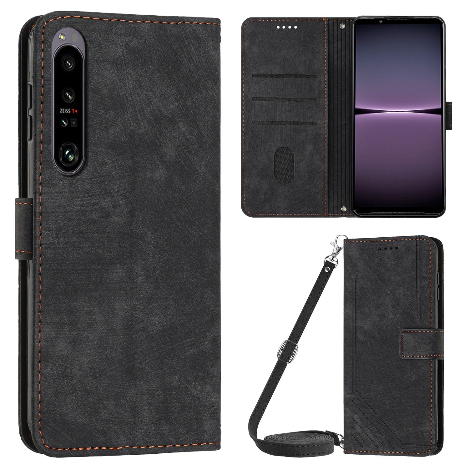 For Sony Xperia 1 IV 5G PU Leather Wallet Case Lines Imprinted Stand Shockproof Cover with 2 Straps