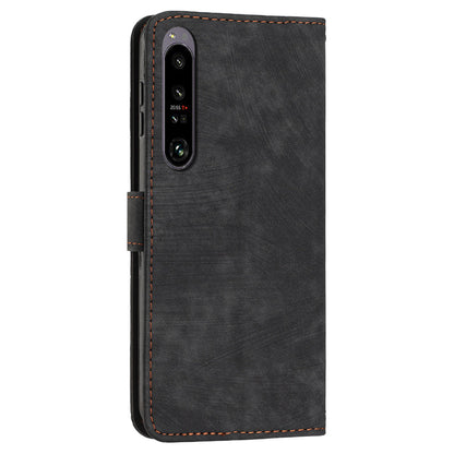 For Sony Xperia 1 IV 5G PU Leather Wallet Case Lines Imprinted Stand Shockproof Cover with 2 Straps