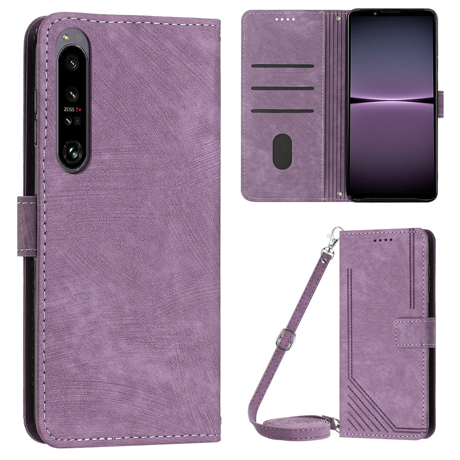 For Sony Xperia 1 IV 5G PU Leather Wallet Case Lines Imprinted Stand Shockproof Cover with 2 Straps