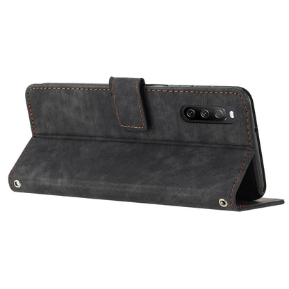 For Sony Xperia 10 IV 5G PU Leather Stand Phone Case Lines Imprint Wallet Cover with Short+Long Strap