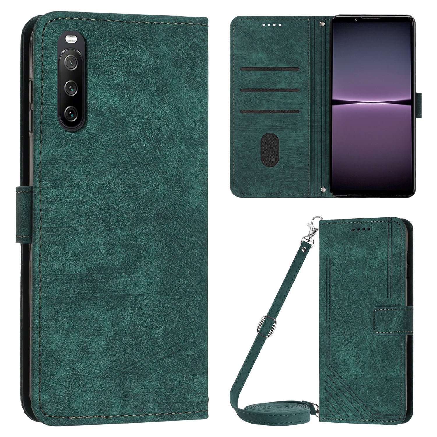 For Sony Xperia 10 IV 5G PU Leather Stand Phone Case Lines Imprint Wallet Cover with Short+Long Strap