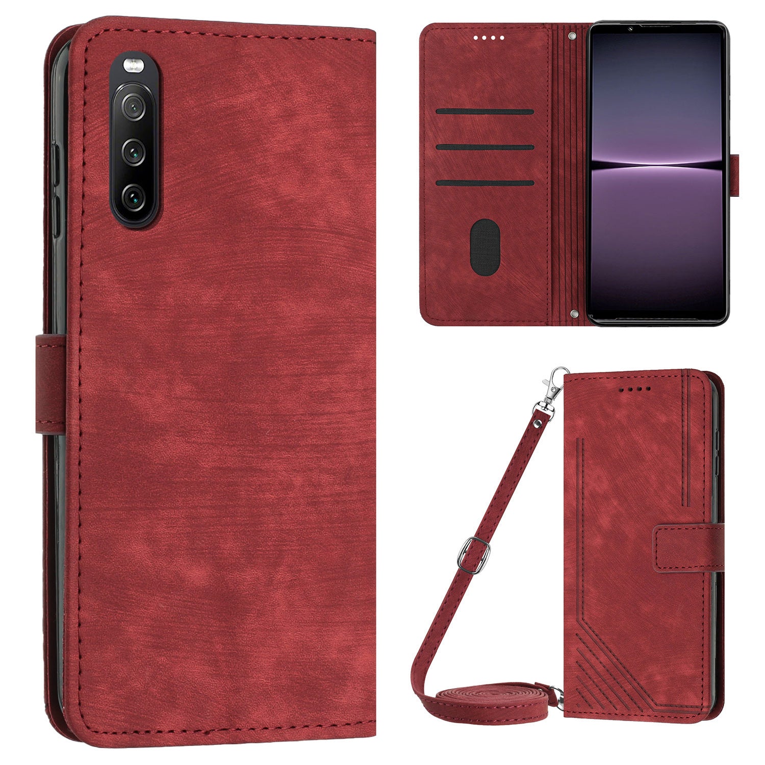 For Sony Xperia 10 IV 5G PU Leather Stand Phone Case Lines Imprint Wallet Cover with Short+Long Strap