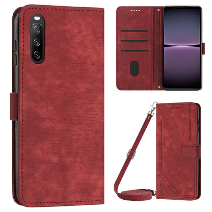 For Sony Xperia 10 IV 5G PU Leather Stand Phone Case Lines Imprint Wallet Cover with Short+Long Strap
