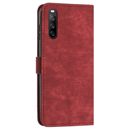 For Sony Xperia 10 IV 5G PU Leather Stand Phone Case Lines Imprint Wallet Cover with Short+Long Strap