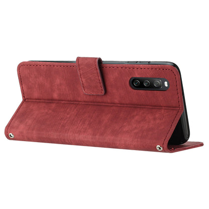 For Sony Xperia 10 IV 5G PU Leather Stand Phone Case Lines Imprint Wallet Cover with Short+Long Strap