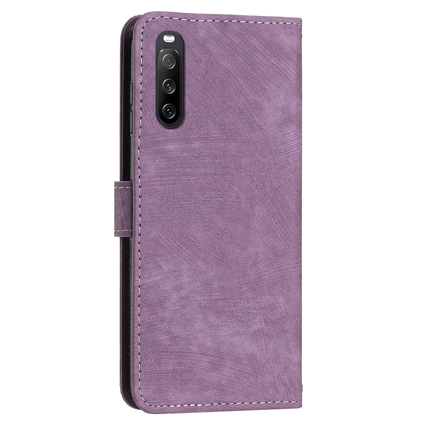 For Sony Xperia 10 IV 5G PU Leather Stand Phone Case Lines Imprint Wallet Cover with Short+Long Strap
