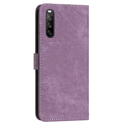 For Sony Xperia 10 IV 5G PU Leather Stand Phone Case Lines Imprint Wallet Cover with Short+Long Strap
