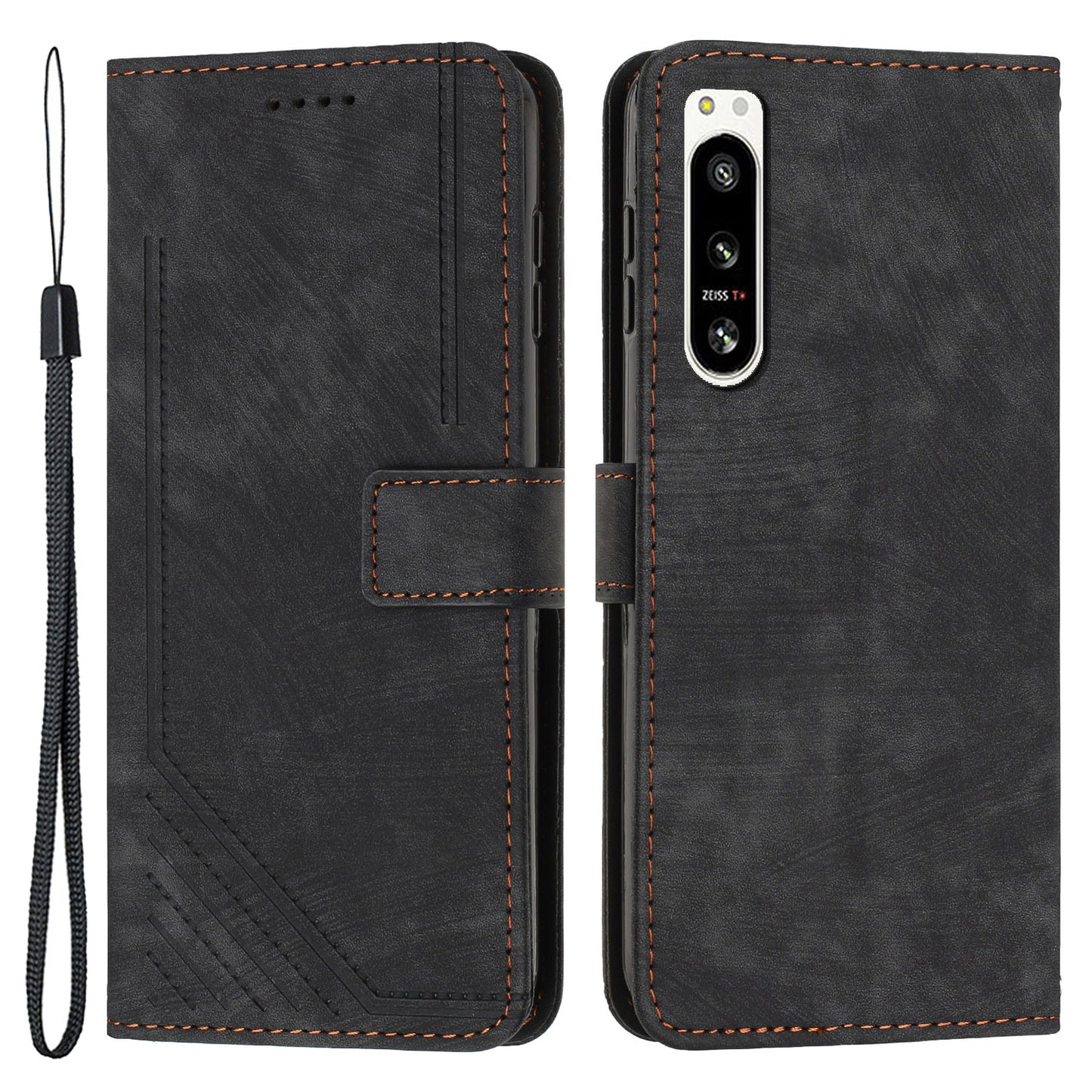 For Sony Xperia 5 IV 5G Lines Imprinted Anti-drop Phone Case Flip Stand Skin-touch Leather Wallet Shell