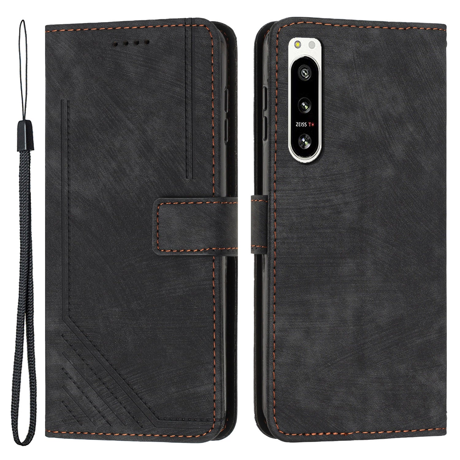 For Sony Xperia 5 IV 5G Lines Imprinted Anti-drop Phone Case Flip Stand Skin-touch Leather Wallet Shell