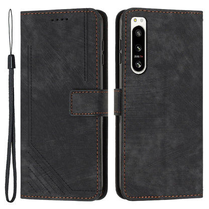 For Sony Xperia 5 IV 5G Lines Imprinted Anti-drop Phone Case Flip Stand Skin-touch Leather Wallet Shell
