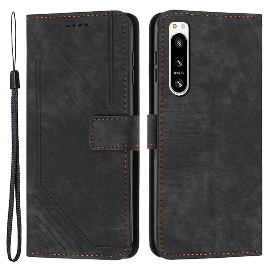 For Sony Xperia 5 IV 5G Lines Imprinted Anti-drop Phone Case Flip Stand Skin-touch Leather Wallet Shell