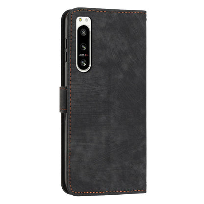 For Sony Xperia 5 IV 5G Lines Imprinted Anti-drop Phone Case Flip Stand Skin-touch Leather Wallet Shell