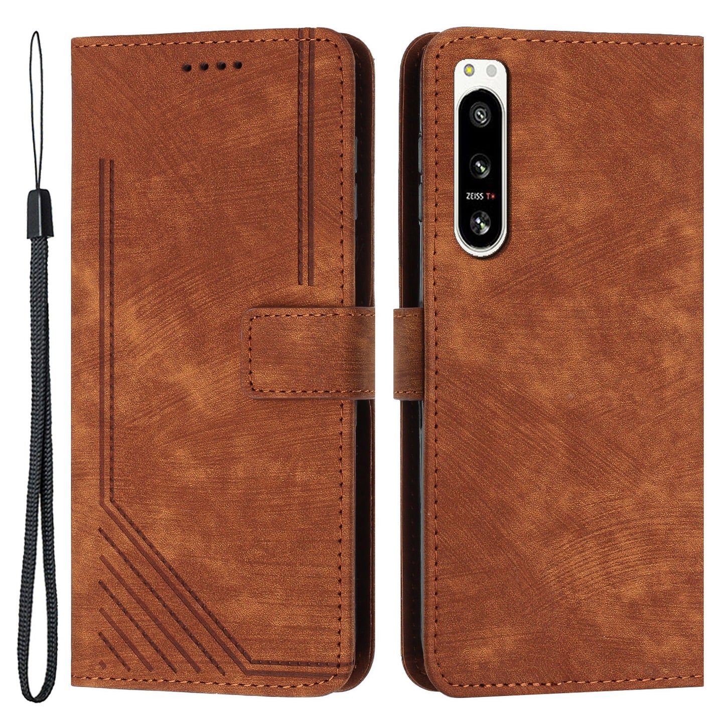 For Sony Xperia 5 IV 5G Lines Imprinted Anti-drop Phone Case Flip Stand Skin-touch Leather Wallet Shell