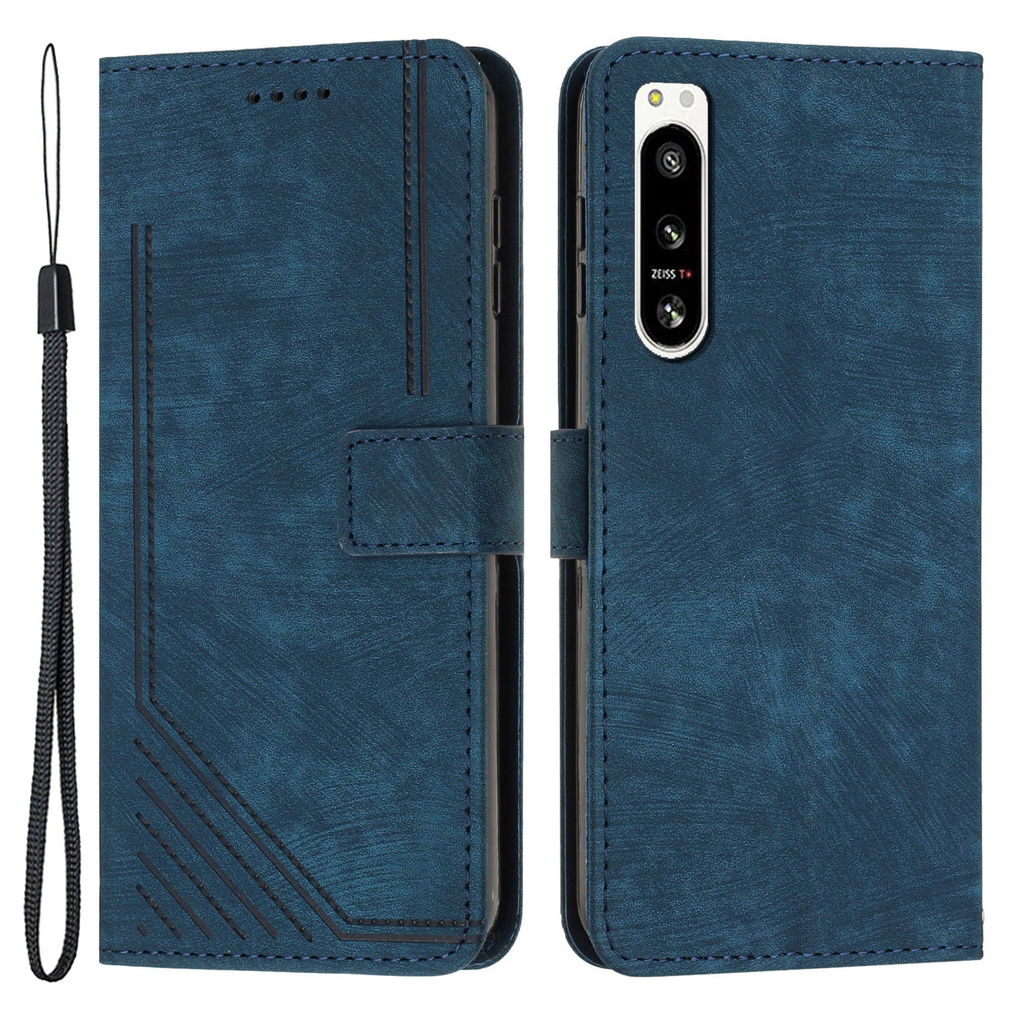 For Sony Xperia 5 IV 5G Lines Imprinted Anti-drop Phone Case Flip Stand Skin-touch Leather Wallet Shell