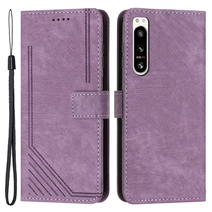 For Sony Xperia 5 IV 5G Lines Imprinted Anti-drop Phone Case Flip Stand Skin-touch Leather Wallet Shell