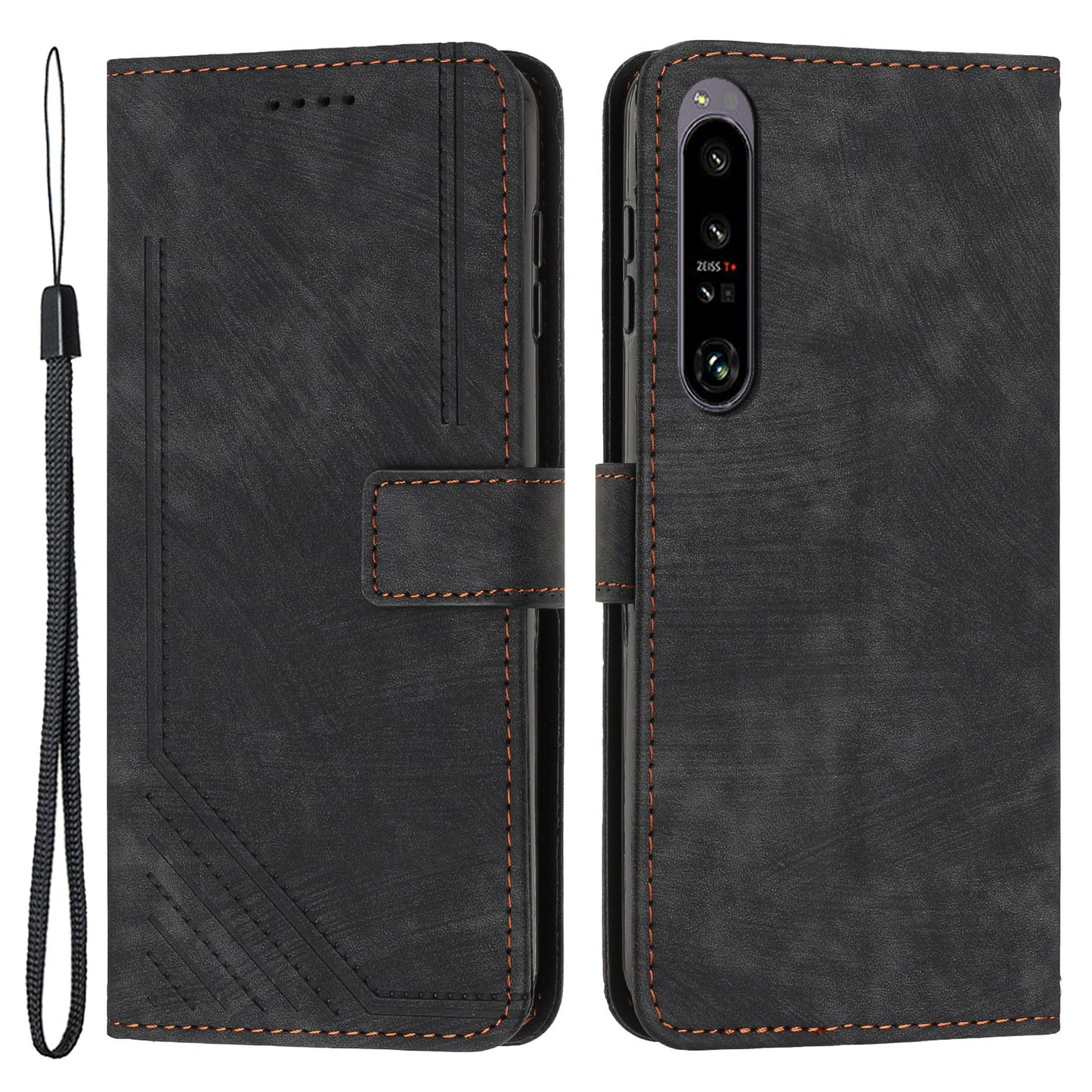 For Sony Xperia 1 IV 5G Skin-touch Leather Wallet Shockproof Shell Lines Imprint Phone Case with Stand