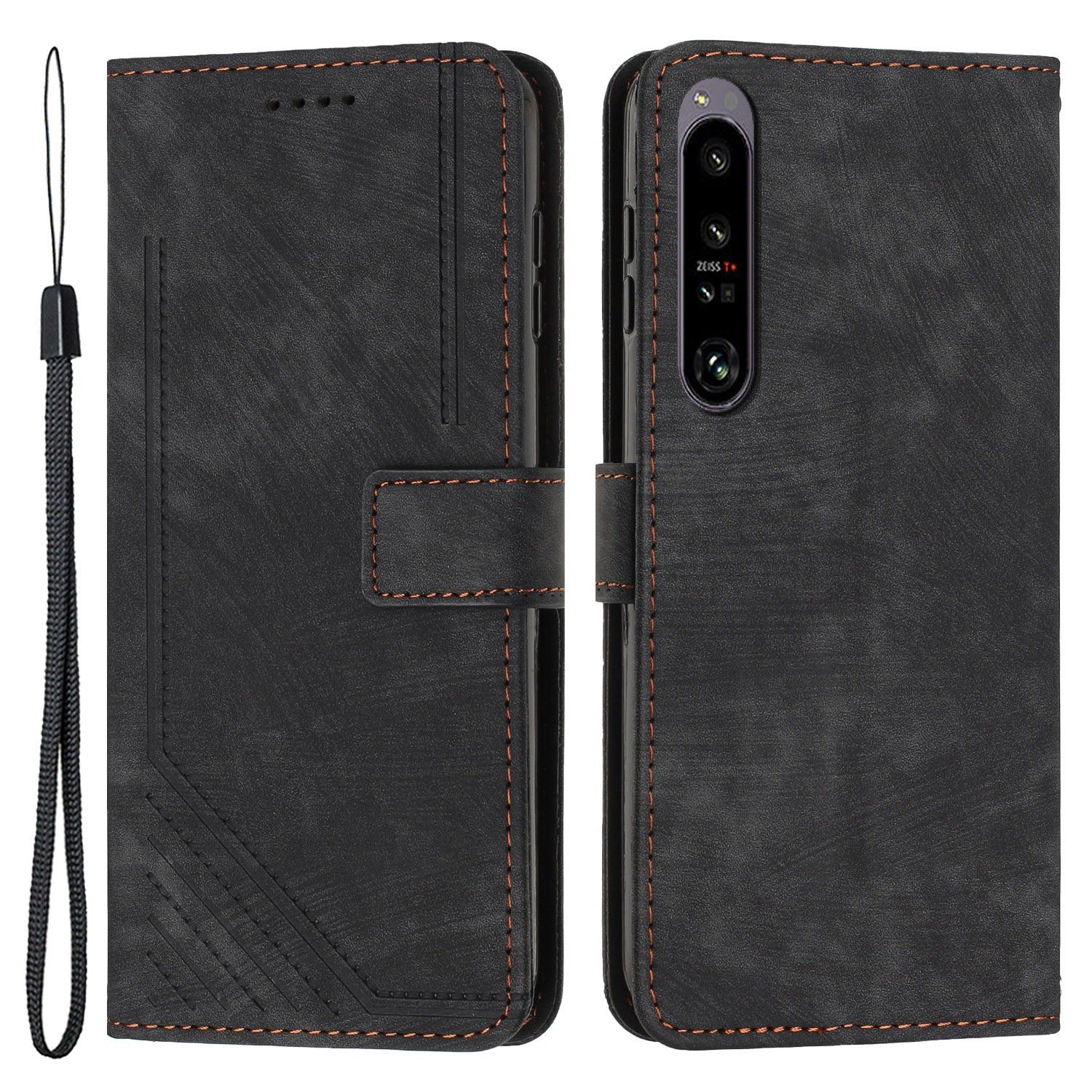 For Sony Xperia 1 IV 5G Skin-touch Leather Wallet Shockproof Shell Lines Imprint Phone Case with Stand