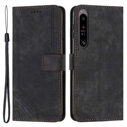 For Sony Xperia 1 IV 5G Skin-touch Leather Wallet Shockproof Shell Lines Imprint Phone Case with Stand