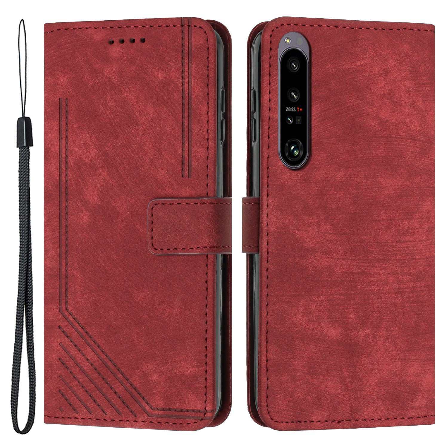 For Sony Xperia 1 IV 5G Skin-touch Leather Wallet Shockproof Shell Lines Imprint Phone Case with Stand