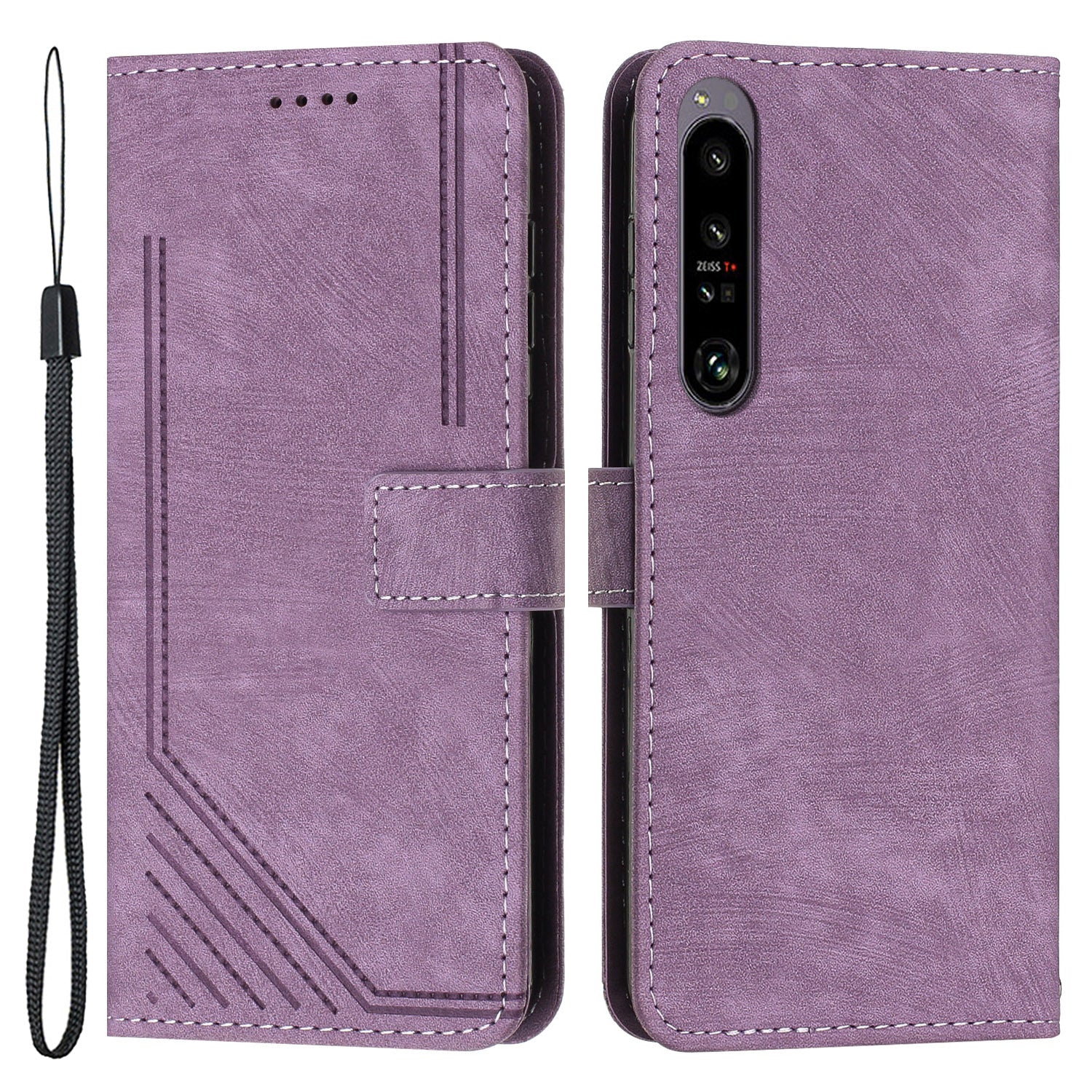 For Sony Xperia 1 IV 5G Skin-touch Leather Wallet Shockproof Shell Lines Imprint Phone Case with Stand