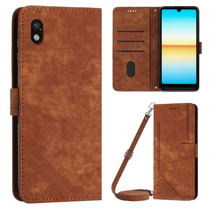 For Sony Xperia Ace III PU Leather Case Wallet Lines Imprinted Folio Stand Phone Cover with Shoulder Strap