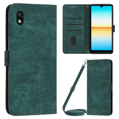 For Sony Xperia Ace III PU Leather Case Wallet Lines Imprinted Folio Stand Phone Cover with Shoulder Strap