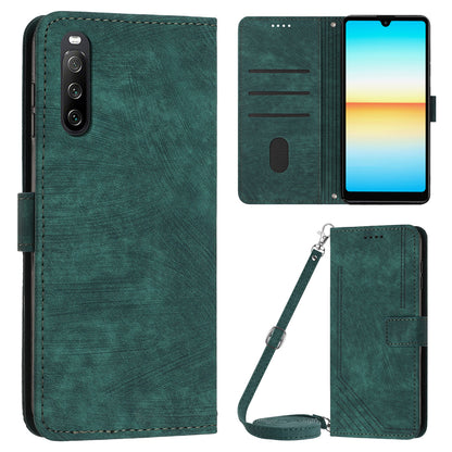 For Sony Xperia 10 V Wallet Phone Case PU Leather Lines Imprinted Stand Shoulder Strap Flip Cover