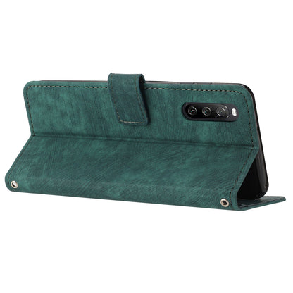 For Sony Xperia 10 V Wallet Phone Case PU Leather Lines Imprinted Stand Shoulder Strap Flip Cover