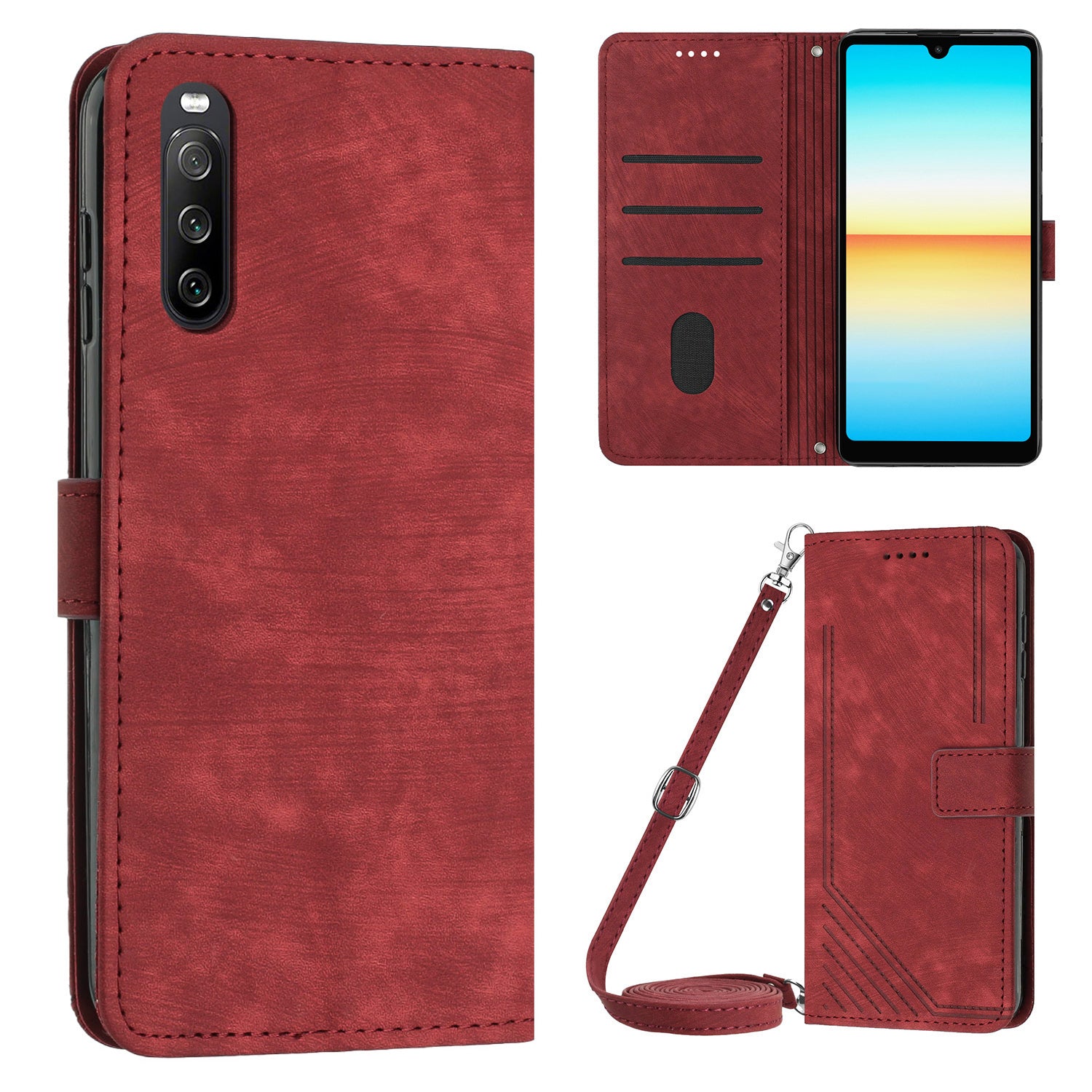 For Sony Xperia 10 V Wallet Phone Case PU Leather Lines Imprinted Stand Shoulder Strap Flip Cover